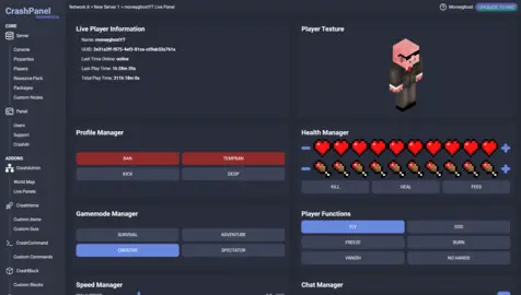 live player information, health gamemode and profile manager, player functions